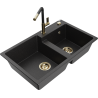 Mexen Tomas granite double-bowl sink with Flora kitchen faucet, black/silver metallic - 6516-73-670401-57-G