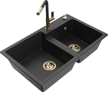 Mexen Tomas granite double-bowl sink with Flora kitchen faucet, black/silver metallic - 6516-73-670401-57-G