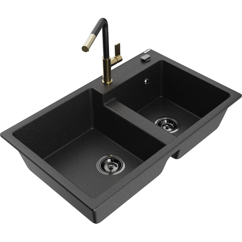 Mexen Tomas 2-compartment granite sink with a kitchen mixer tap Flora, Black/Silver metallic - 6516-73-670401-57-B