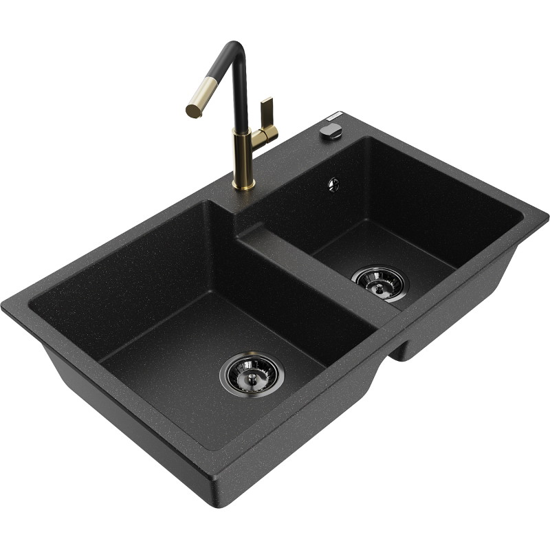 Mexen Tomas granite double bowl sink with Flora kitchen faucet, black/silver metallic - 6516-73-670401-57-B