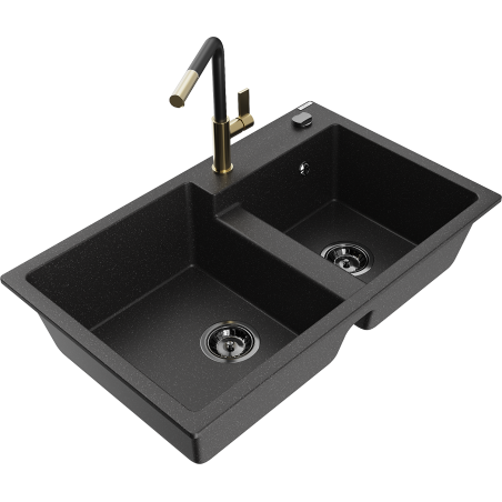 Mexen Tomas granite sink 2-bowl with Flora kitchen tap, black/silver metallic - 6516-73-670401-57-B