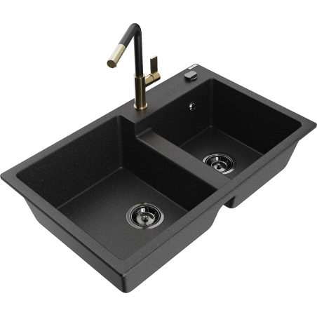 Mexen Tomas granite sink 2-bowl with kitchen faucet Flora, black/silver metallic - 6516-73-670401-57-B