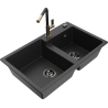 Mexen Tomas granite double bowl sink with Flora kitchen faucet, black/silver metallic - 6516-73-670401-57-B