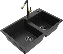 Mexen Tomas granite double bowl sink with Flora kitchen faucet, black/silver metallic - 6516-73-670401-57-B