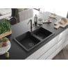 Mexen Tomas granite double bowl sink with Flora kitchen faucet, black/silver metallic - 6516-73-670401-57-B