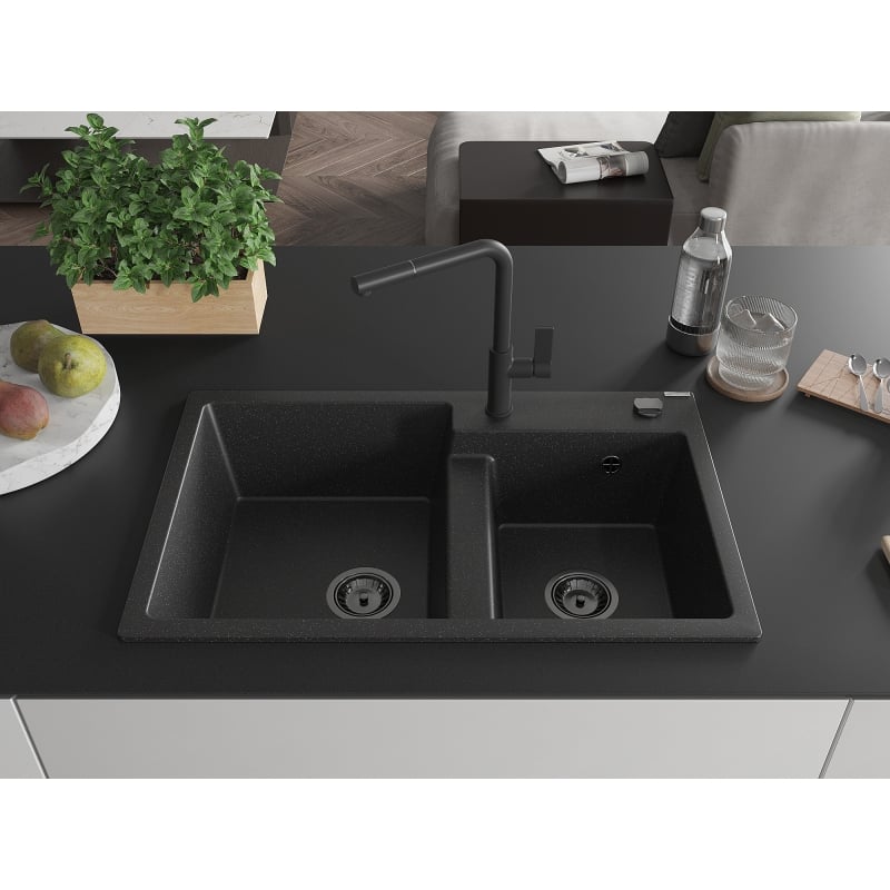 Mexen Tomas granite double-bowl kitchen sink with Flora faucet, black/silver metallic - 6516-73-670401-70-B