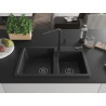 Mexen Tomas granite double-bowl kitchen sink with Flora faucet, black/silver metallic - 6516-73-670401-70-B