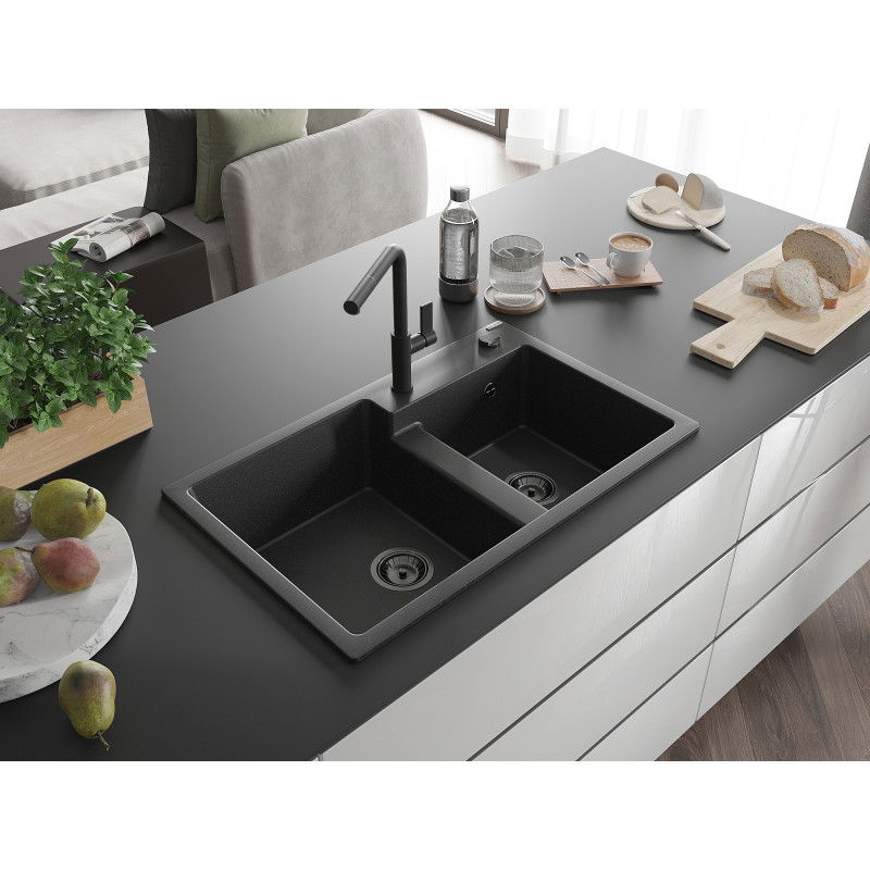 Mexen Tomas granite sink 2-bowl with Flora kitchen tap, black/silver metallic - 6516-73-670401-70-B