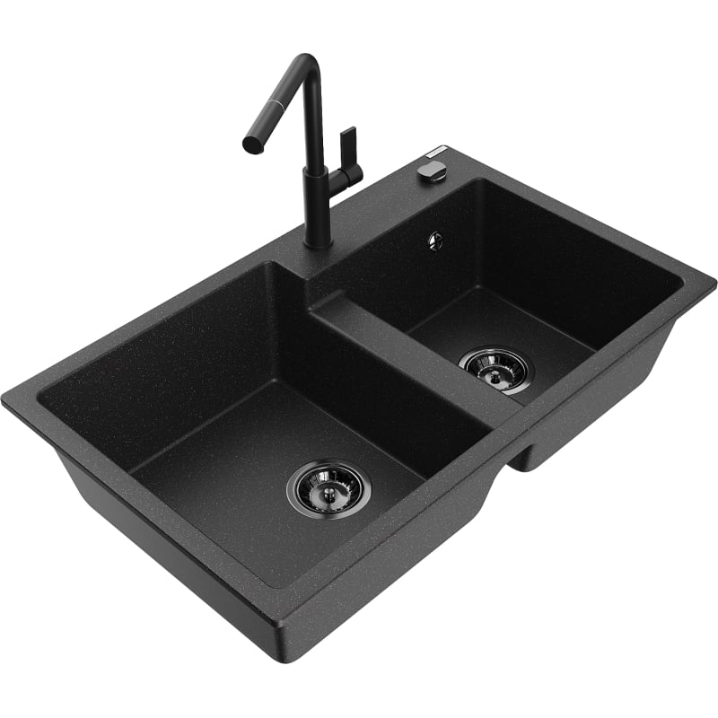 Mexen Tomas 2-bowl granite sink with Flora kitchen faucet, black/silver metallic - 6516-73-670401-70-B