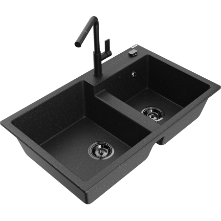 Mexen Tomas granite double-bowl kitchen sink with Flora faucet, black/silver metallic - 6516-73-670401-70-B