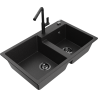 Mexen Tomas 2-bowl granite sink with Flora kitchen faucet, black/silver metallic - 6516-73-670401-70-B
