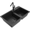 Mexen Tomas granite double-bowl kitchen sink with Flora faucet, black/silver metallic - 6516-73-670401-70-B