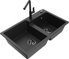 Mexen Tomas 2-bowl granite sink with Flora kitchen faucet, black/silver metallic - 6516-73-670401-70-B