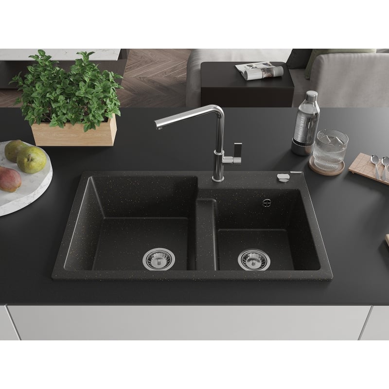 Mexen Tomas granite kitchen sink 2-chamber with Flora kitchen faucet, black/gold metallic - 6516-75-670401-00