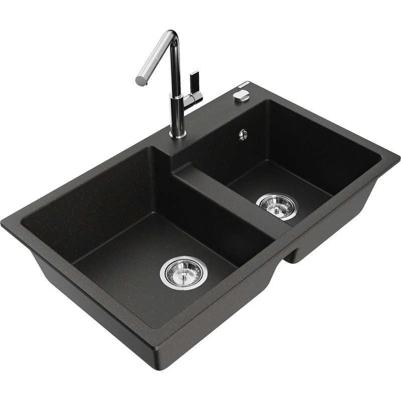 Mexen Tomas 2-compartment granite sink with a kitchen mixer tap Flora, Black/Gold metallic - 6516-75-670401-00