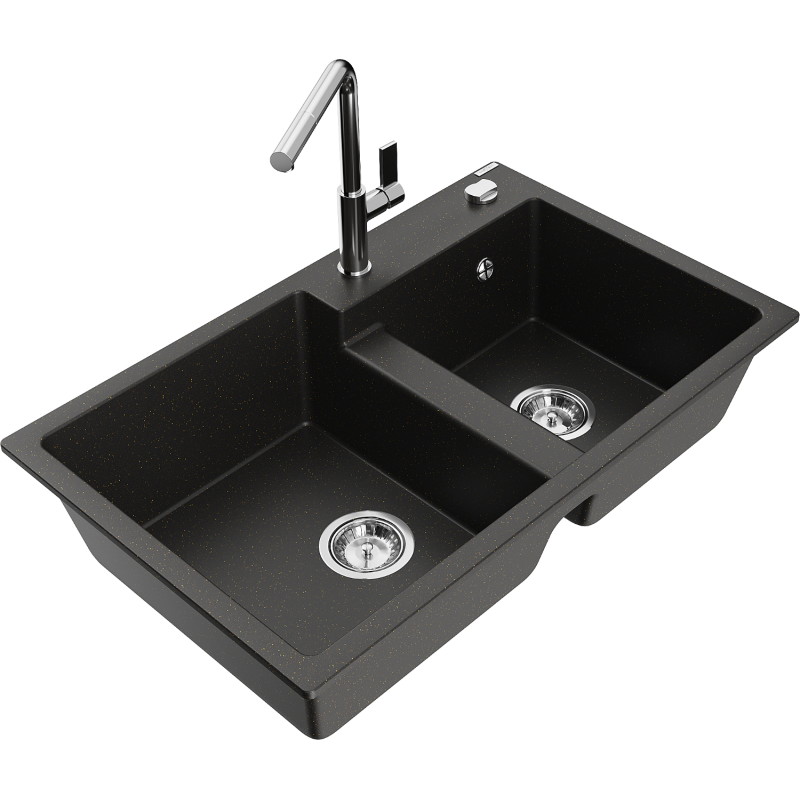Mexen Tomas granite kitchen sink 2-chamber with Flora kitchen faucet, black/gold metallic - 6516-75-670401-00