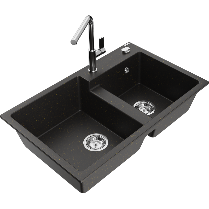 Mexen Tomas Granite Sink 2-Compartment with Flora Kitchen Faucet, Black/Gold Metallic - 6516-75-670401-00