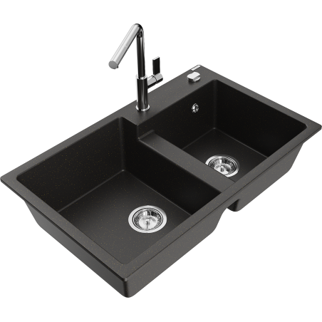 Mexen Tomas granite double-bowl sink with Flora kitchen faucet, black/gold metallic - 6516-75-670401-00