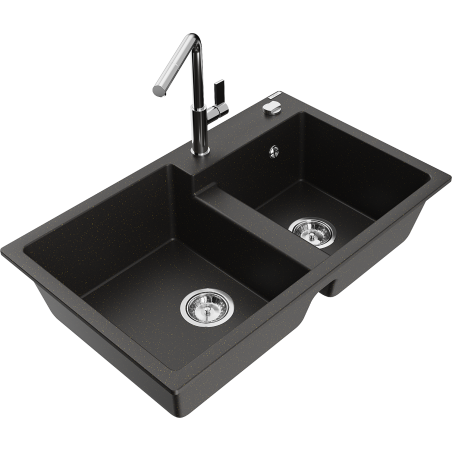 Mexen Tomas granite kitchen sink 2-chamber with Flora kitchen faucet, black/gold metallic - 6516-75-670401-00