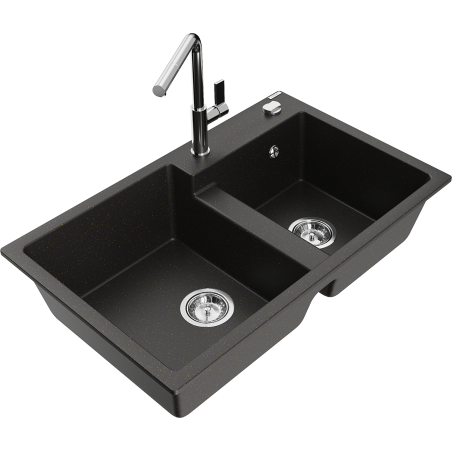 Mexen Tomas Granite Sink 2-Compartment with Flora Kitchen Faucet, Black/Gold Metallic - 6516-75-670401-00