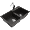 Mexen Tomas granite double-bowl sink with Flora kitchen faucet, black/gold metallic - 6516-75-670401-00
