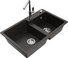 Mexen Tomas granite kitchen sink 2-chamber with Flora kitchen faucet, black/gold metallic - 6516-75-670401-00