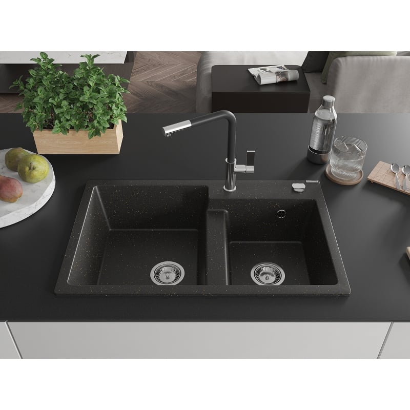Mexen Tomas 2-chamber granite sink with Flora kitchen faucet, black/gold metallic - 6516-75-670401-07