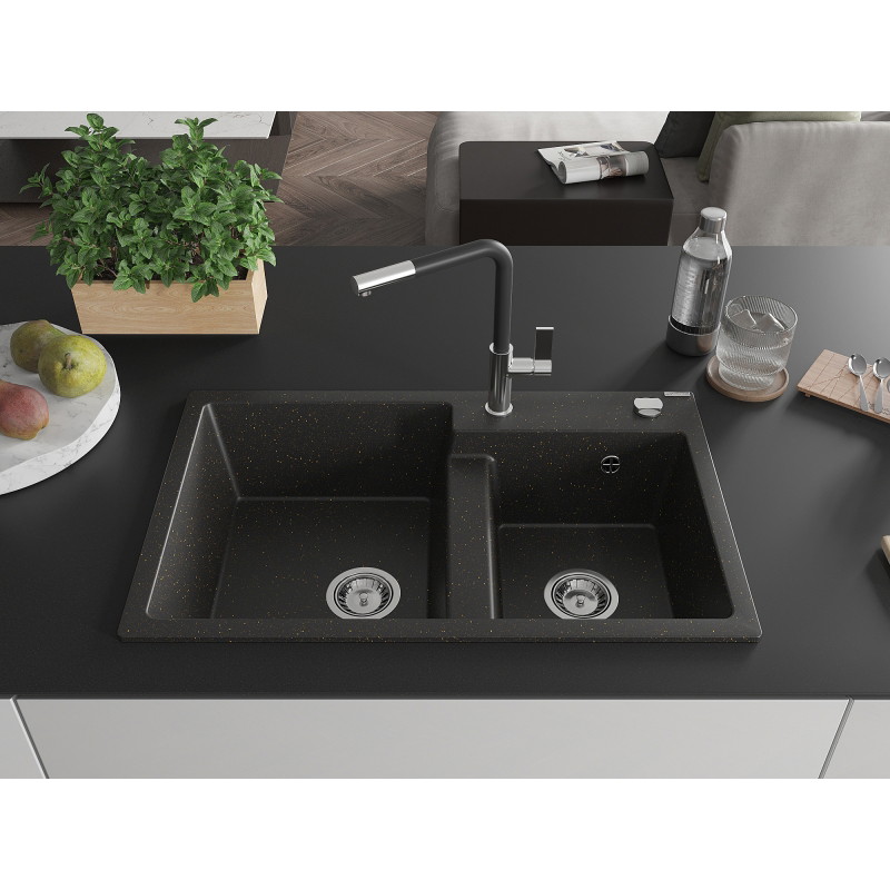 Mexen Tomas granite kitchen sink 2-bowl with Flora faucet, black/gold metallic - 6516-75-670401-07