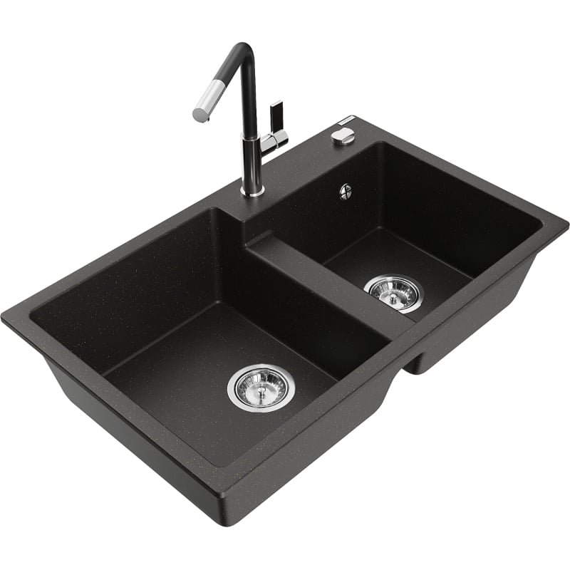 Mexen Tomas 2-chamber granite sink with Flora kitchen faucet, black/gold metallic - 6516-75-670401-07