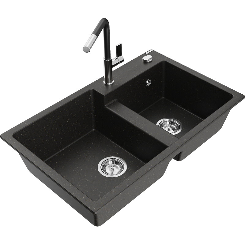 Mexen Tomas granite kitchen sink 2-bowl with Flora faucet, black/gold metallic - 6516-75-670401-07