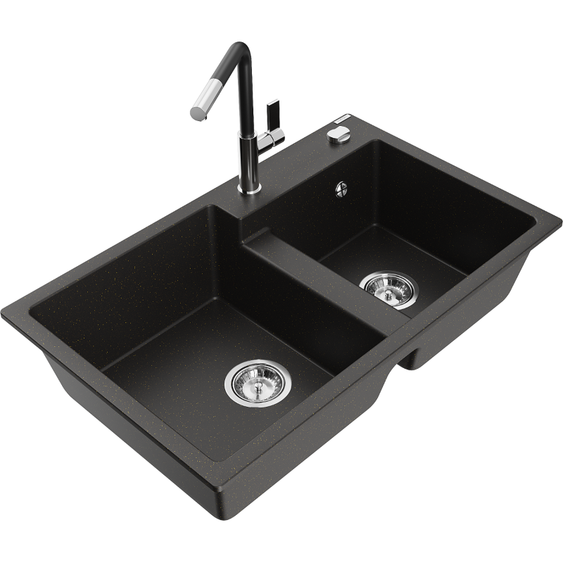 Mexen Tomas granite sink 2-bowl with kitchen tap Flora, black/golden metallic - 6516-75-670401-07