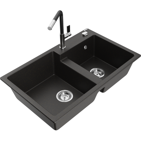 Mexen Tomas granite kitchen sink 2-bowl with Flora faucet, black/gold metallic - 6516-75-670401-07