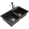 Mexen Tomas 2-chamber granite sink with Flora kitchen faucet, black/gold metallic - 6516-75-670401-07