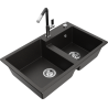 Mexen Tomas granite sink 2-bowl with kitchen tap Flora, black/golden metallic - 6516-75-670401-07