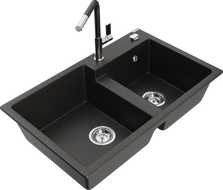Mexen Tomas 2-chamber granite sink with Flora kitchen faucet, black/gold metallic - 6516-75-670401-07