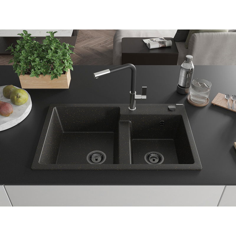 Mexen Tomas granite sink 2-chamber with kitchen tap Flora, black/gold metallic - 6516-75-670401-07-B