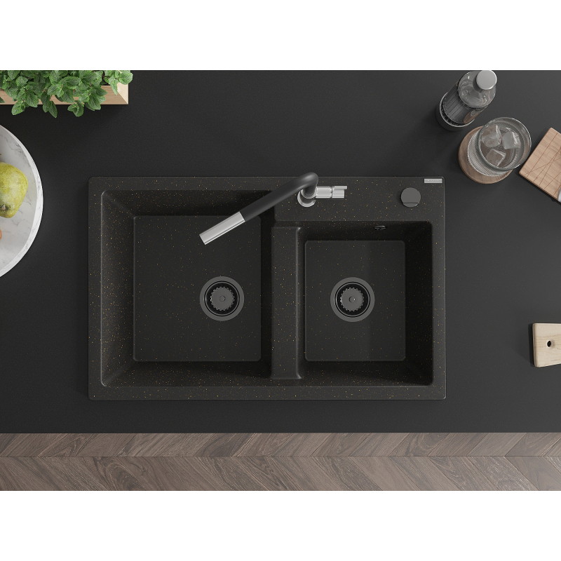 Mexen Tomas 2-compartment granite sink with Flora kitchen faucet, black/gold metallic - 6516-75-670401-07-B
