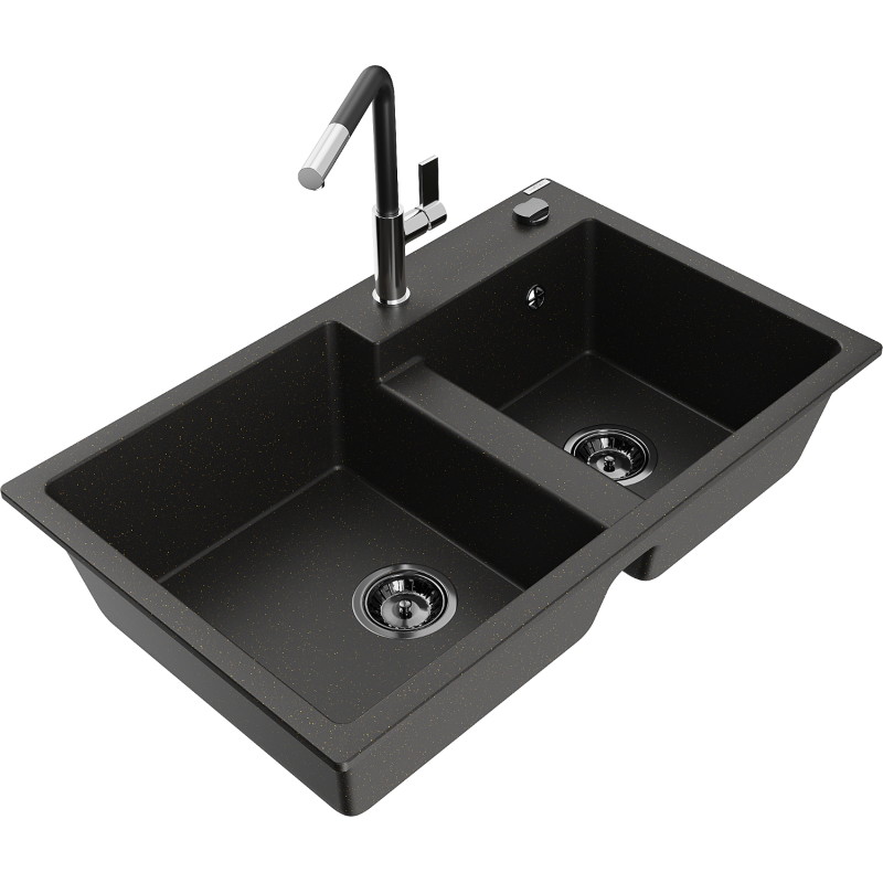 Mexen Tomas 2-bowl granite kitchen sink with Flora faucet, black/gold metallic - 6516-75-670401-07-B