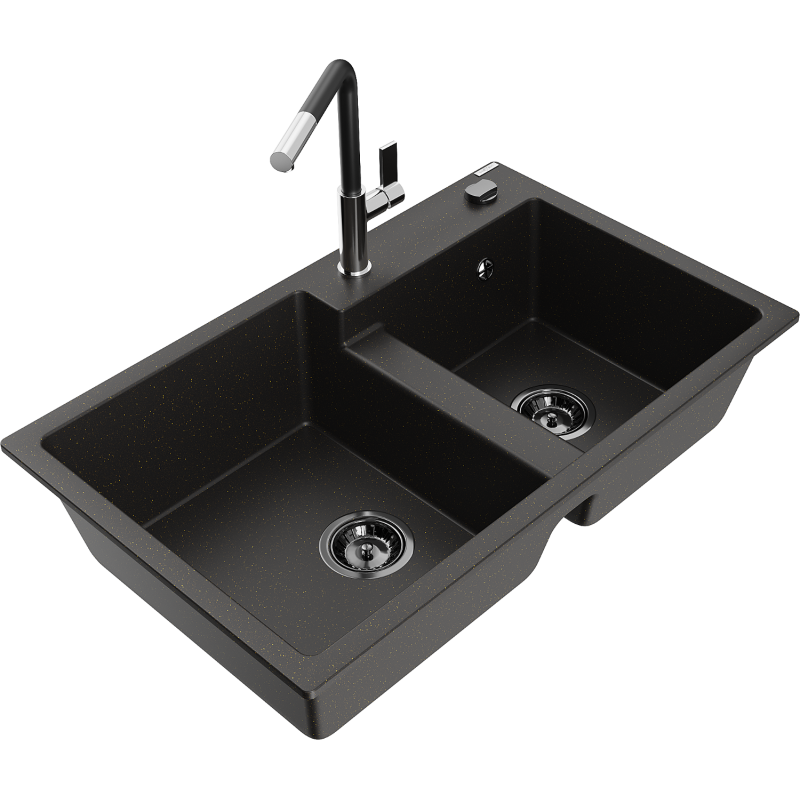 Mexen Tomas granite sink 2-chamber with kitchen tap Flora, black/gold metallic - 6516-75-670401-07-B
