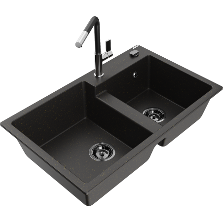 Mexen Tomas 2-bowl granite kitchen sink with Flora faucet, black/gold metallic - 6516-75-670401-07-B