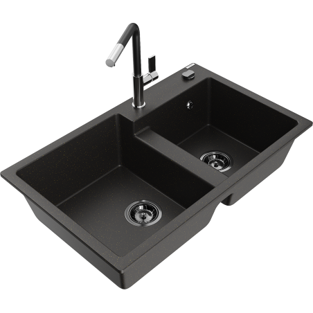 Mexen Tomas 2-compartment granite sink with Flora kitchen faucet, black/gold metallic - 6516-75-670401-07-B