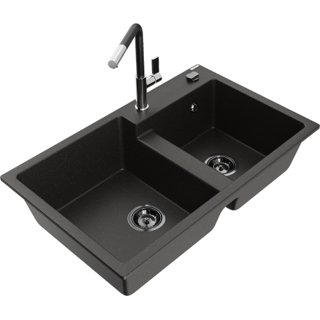 Mexen Tomas granite sink 2-chamber with kitchen tap Flora, black/gold metallic - 6516-75-670401-07-B