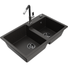Mexen Tomas 2-compartment granite sink with Flora kitchen faucet, black/gold metallic - 6516-75-670401-07-B