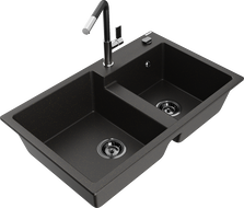 Mexen Tomas 2-bowl granite kitchen sink with Flora faucet, black/gold metallic - 6516-75-670401-07-B