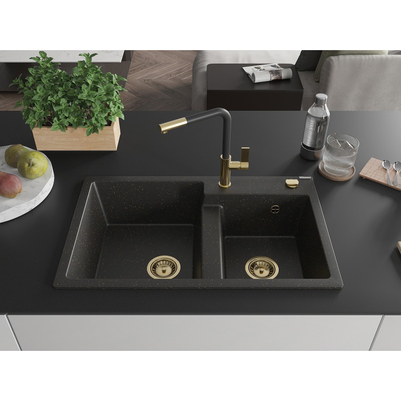 Mexen Tomas 2-bowl granite sink with Flora kitchen faucet, black/gold metallic - 6516-75-670401-57-G