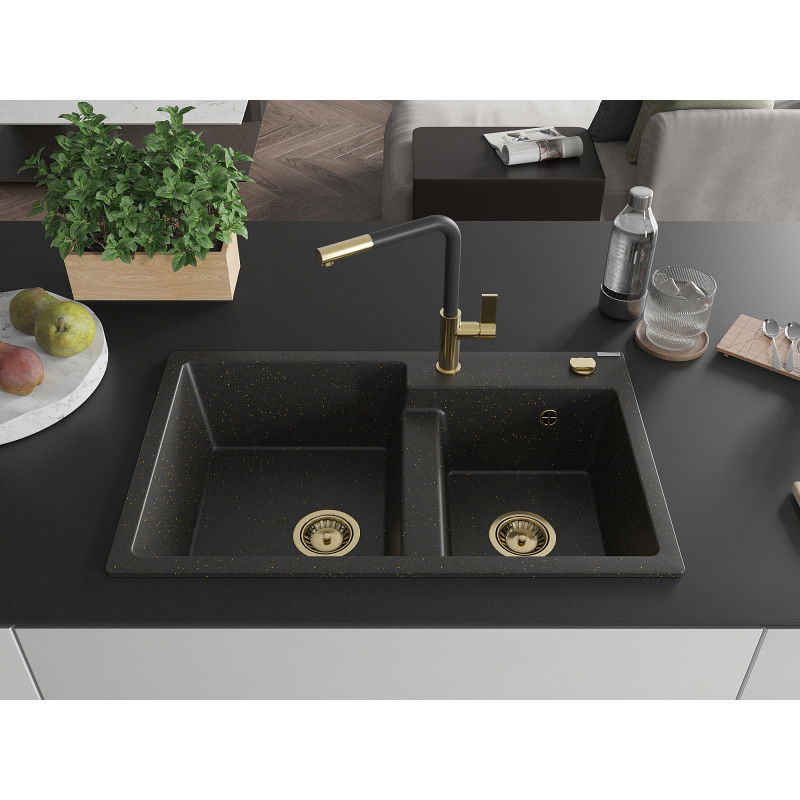 Mexen Tomas Granite Kitchen Sink 2-Bowl with Flora Kitchen Tap, Black/Gold Metallic - 6516-75-670401-57-G