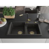 Mexen Tomas 2-bowl granite sink with Flora kitchen faucet, black/gold metallic - 6516-75-670401-57-G
