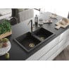 Mexen Tomas Granite Kitchen Sink 2-Bowl with Flora Kitchen Tap, Black/Gold Metallic - 6516-75-670401-57-G