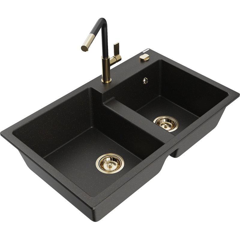 Mexen Tomas 2-bowl granite sink with Flora kitchen faucet, black/gold metallic - 6516-75-670401-57-G