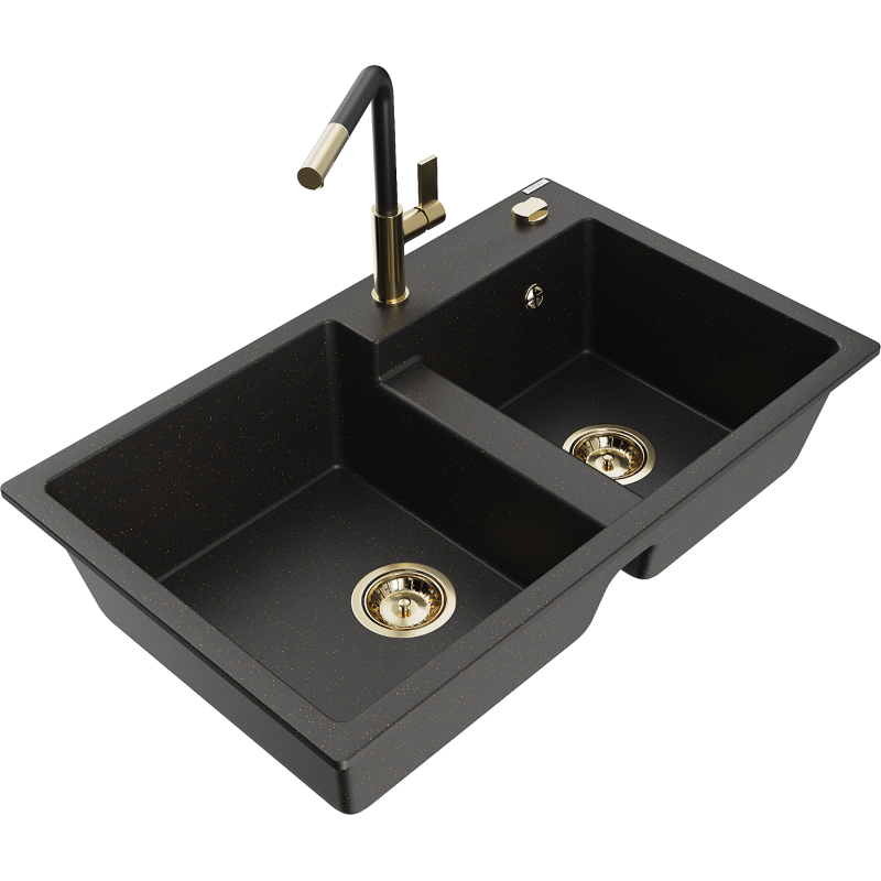 Mexen Tomas Granite Kitchen Sink 2-Bowl with Flora Kitchen Tap, Black/Gold Metallic - 6516-75-670401-57-G